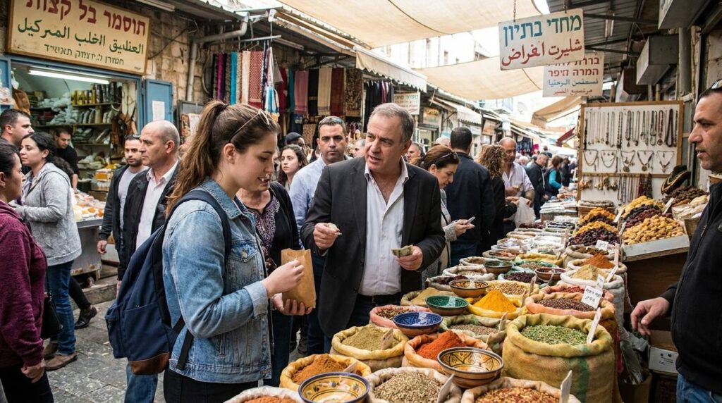 Diverse people trading spices and crafts in a bustling market.