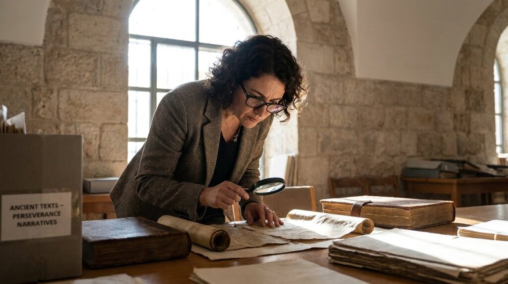 Israeli historian examines ancient manuscripts in sunlit Jerusalem archive.