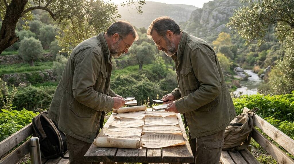 Israeli historian examines manuscripts at wooden table in green valley.