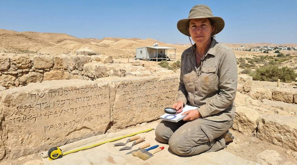 Archaeologist examining ancient inscriptions on stone ruins in Israeli desert.