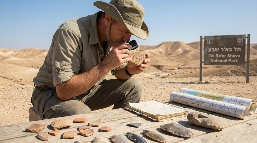 Archaeologist examines ancient artifacts at a site in the Negev desert.