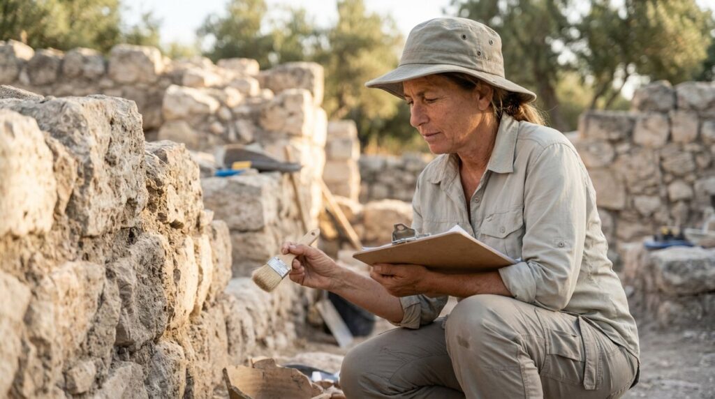 Israeli archaeologist examining stone structures at Ophel, holding clipboard and brush.