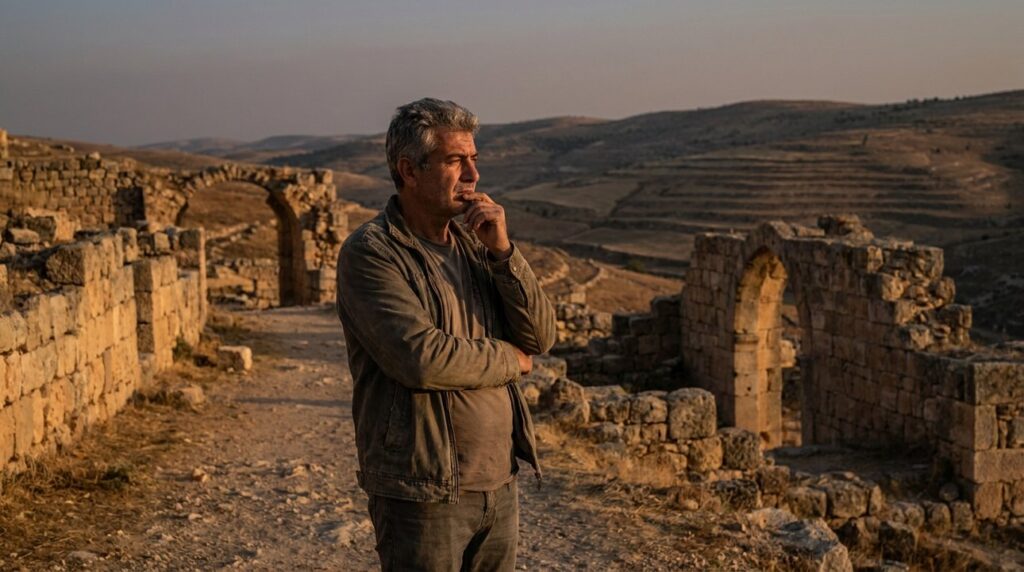 Middle-aged Israeli man contemplating ancient ruins at Ramah at sunset.