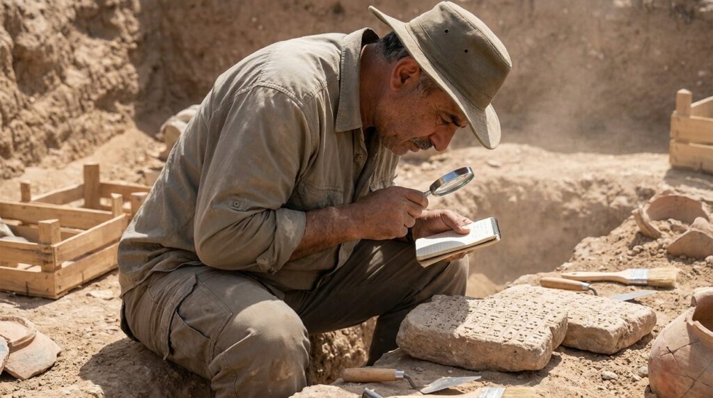 Middle Eastern archaeologist examines Elamite inscriptions with magnifying glass and notebook.
