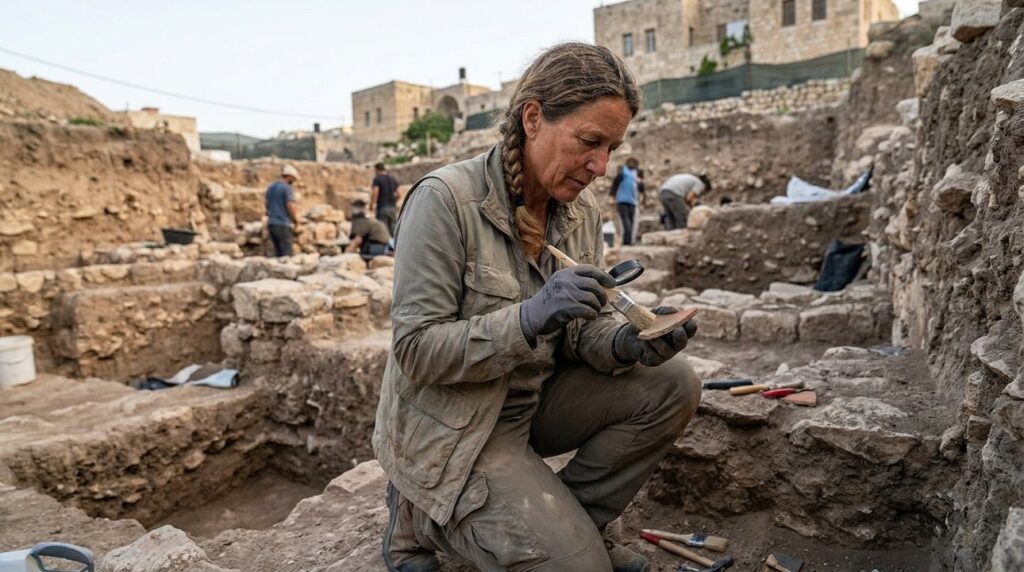 Israeli archaeologist examines artifacts at Hebron excavation site.