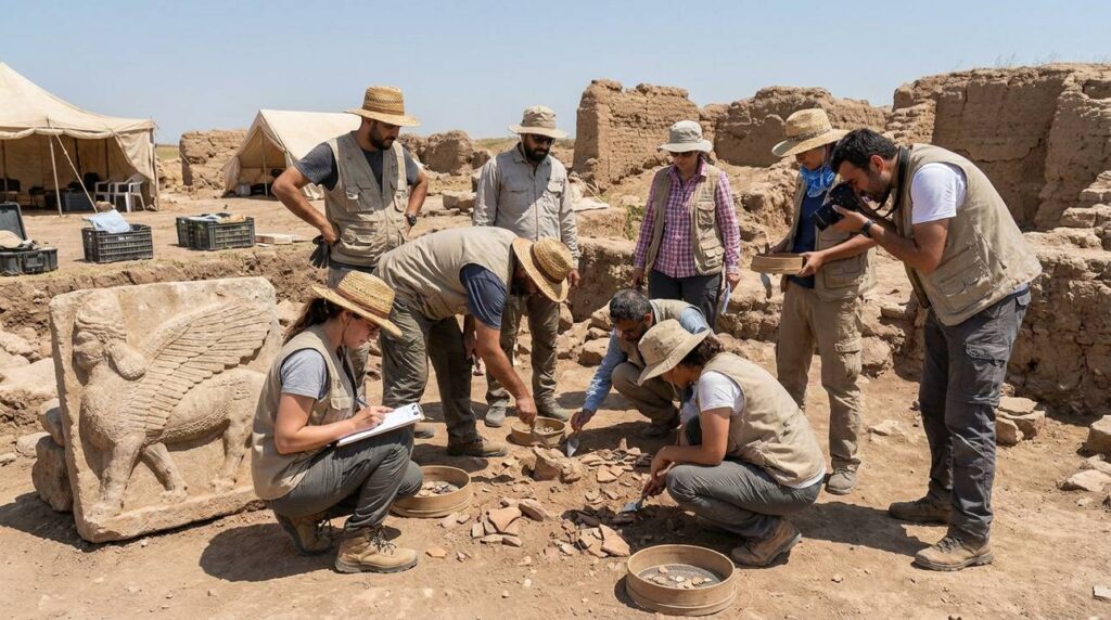 Archaeological team excavating ancient artifacts at Tell Halaf site.