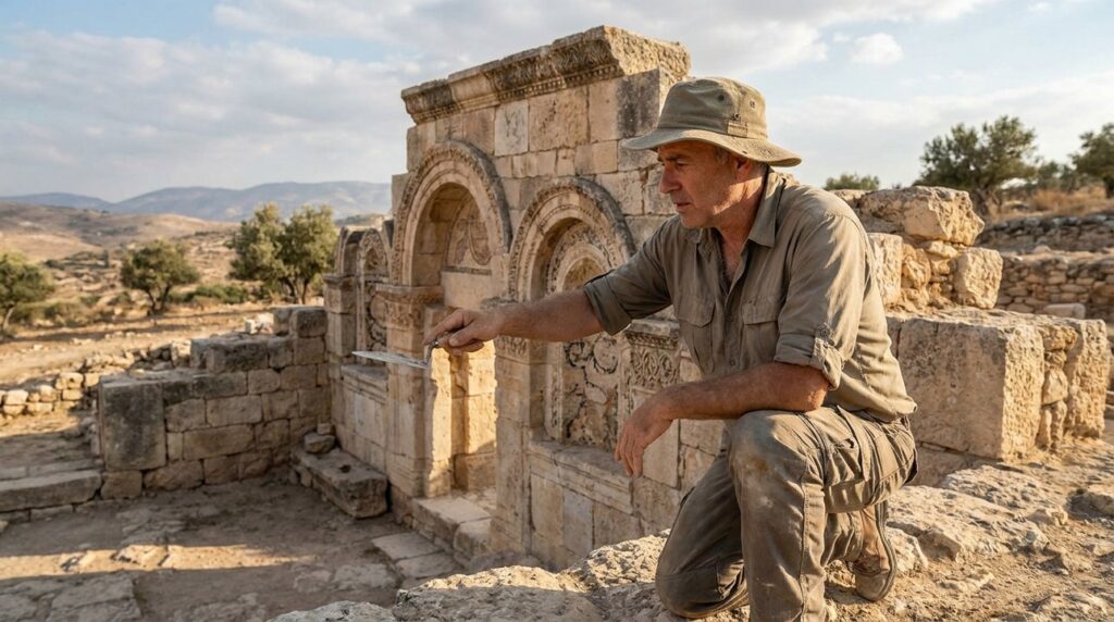 Middle-aged Israeli archaeologist examines ancient structure's details in Israel.