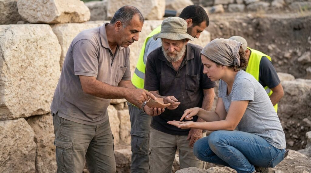 Diverse archaeologists examining artifacts at Mareshah, Israel ruins.