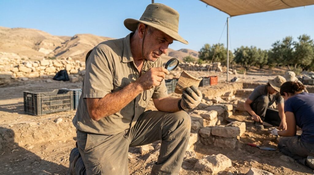 Israeli archaeologist examines pottery shards at Mahanaim dig site.