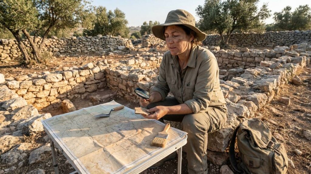 Israeli archaeologist examining ancient ruins in Bahurim with map and tools.