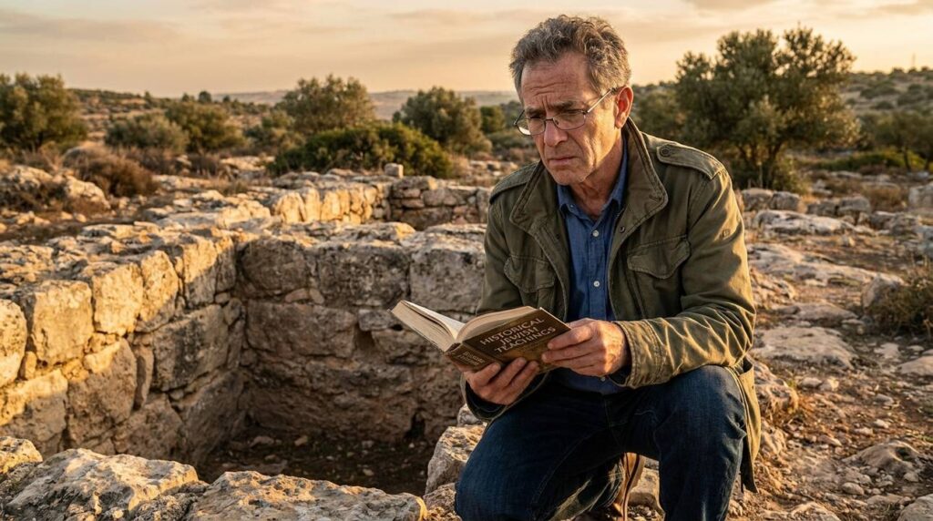 Israeli historian in jacket and jeans studying ruins with a book.