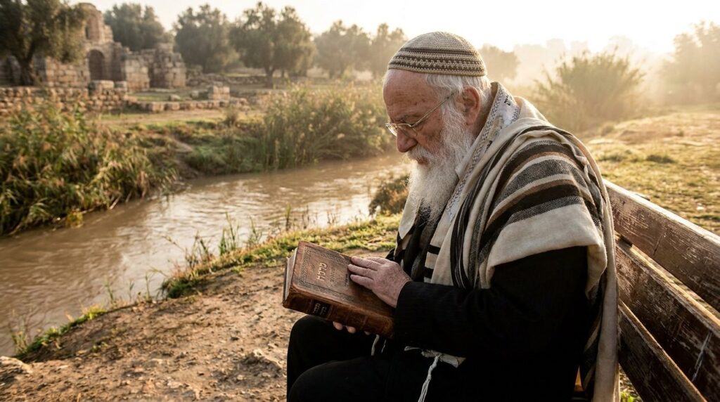 Elderly Jewish man in kippah and talit reading by riverbank.