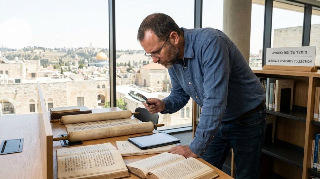 Israeli scholar studies ancient texts in library overlooking Jerusalem.
