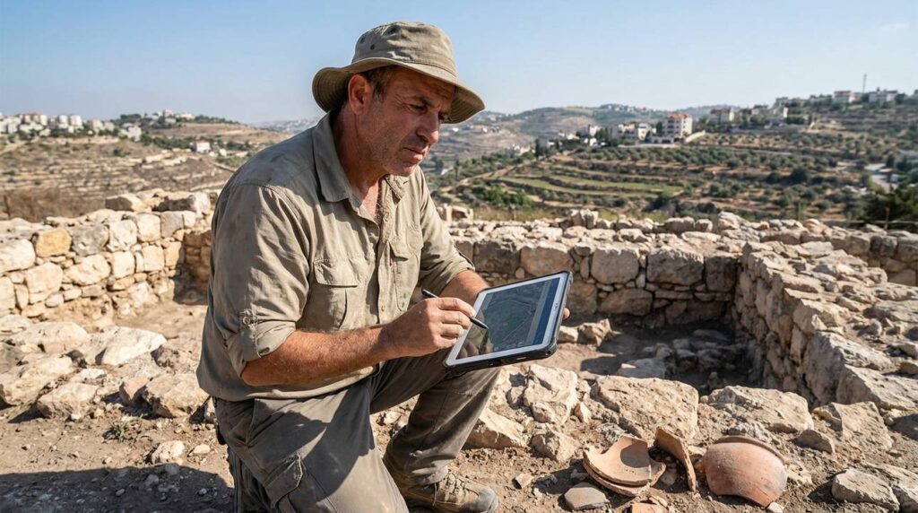 Israeli archaeologist examining ancient ruins at Ramah with digital tablet.