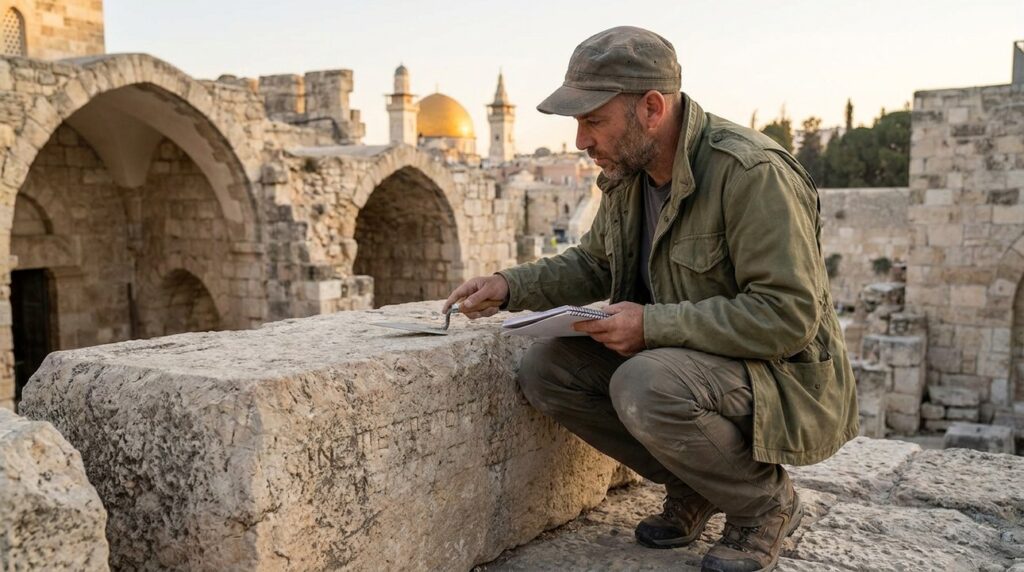 Israeli historian examining ancient stone ruins in Jerusalem.