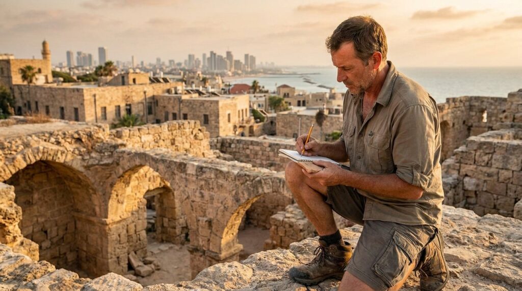 Israeli historian examining artifacts in Joppa ruins at sunset.