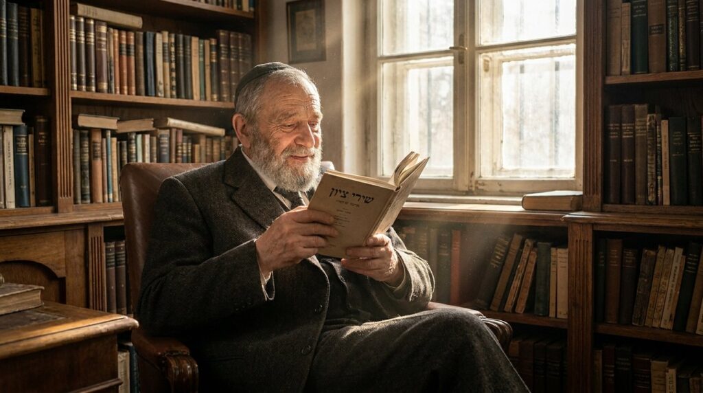 Elderly Jewish man reading poetry in a book-filled study room.