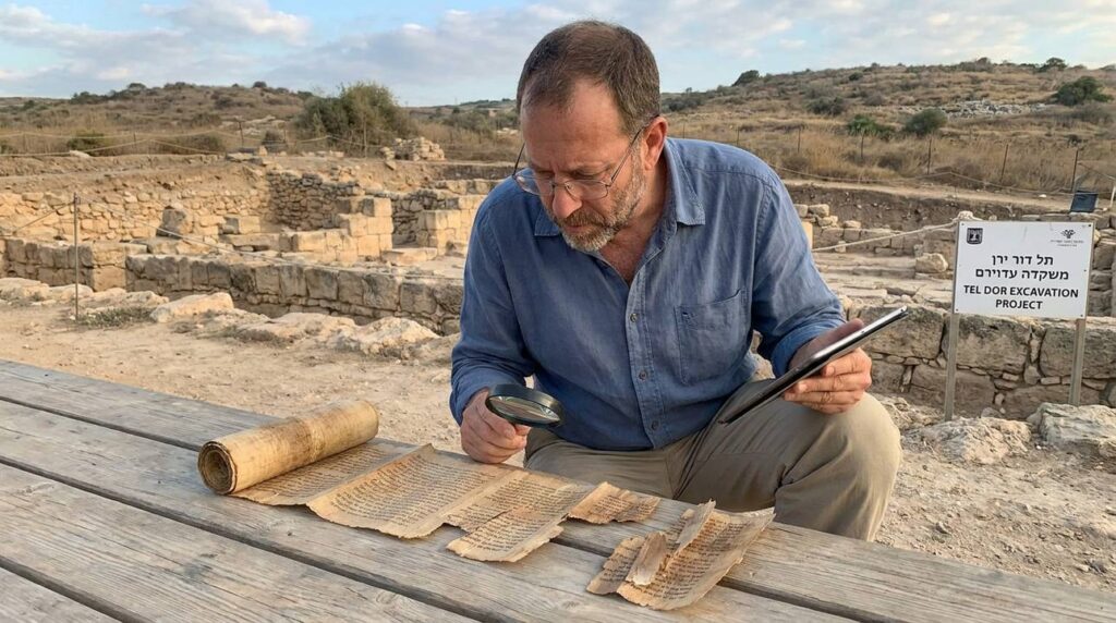 Israeli academic examines ancient scrolls at historical site in Israel.