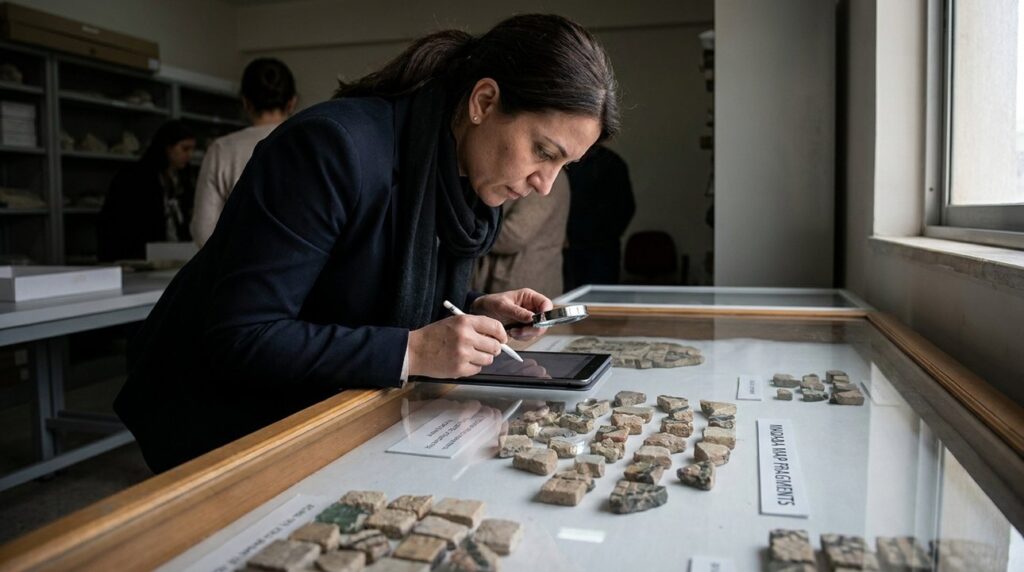 Historian in her 40s examines Madaba Map mosaic in museum.