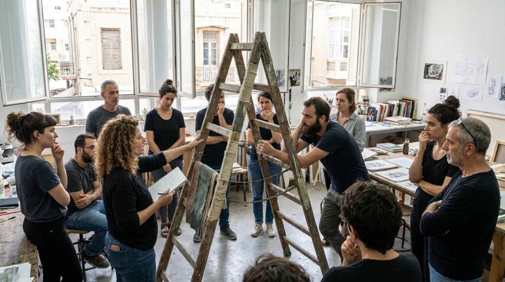 Diverse Israeli artists discuss a ladder installation in Tel Aviv workshop.