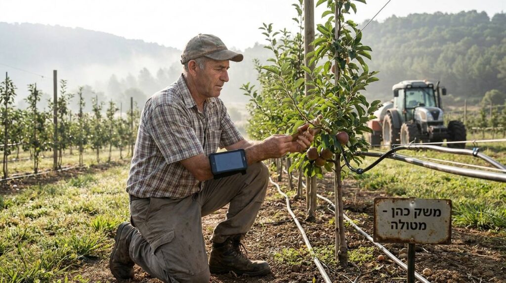 Israeli farmer examines crops in green fields near Metula.