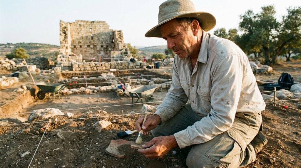 Israeli archaeologist brushes pottery shard at Jerusalem dig site.