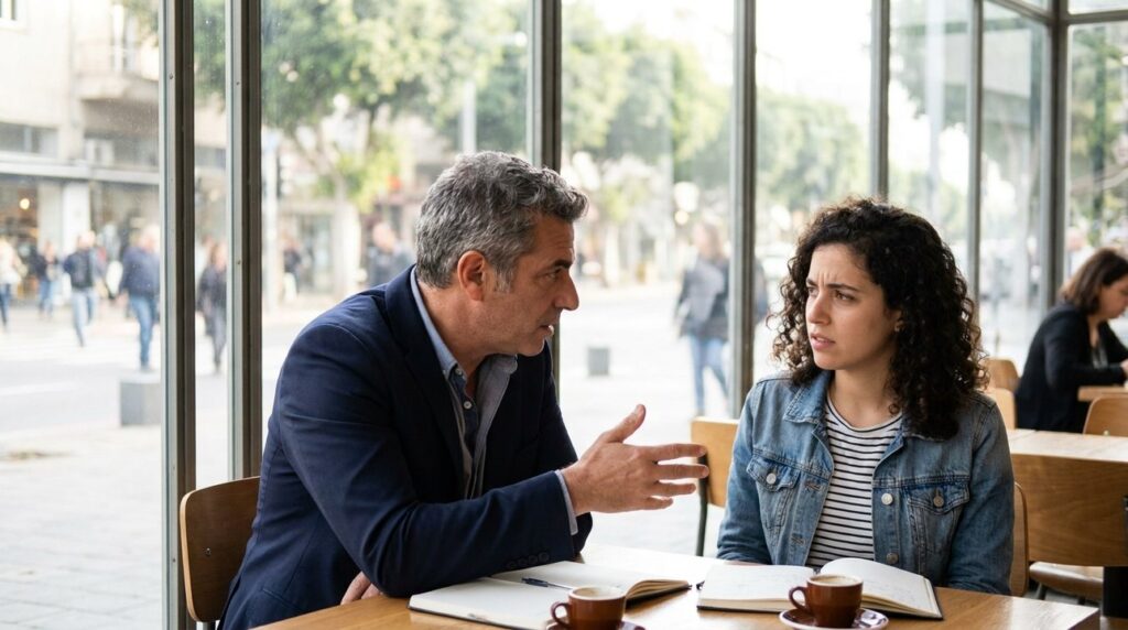 Israeli man and woman in serious conversation at Tel Aviv cafe.