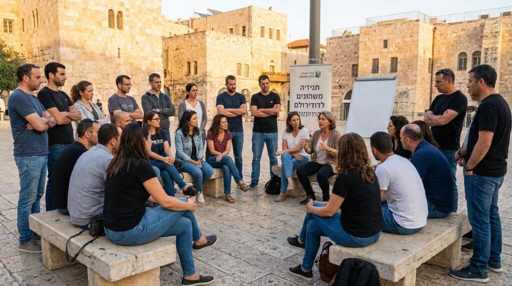 Diverse Israeli adults in discussion outdoors in Jerusalem at dusk.