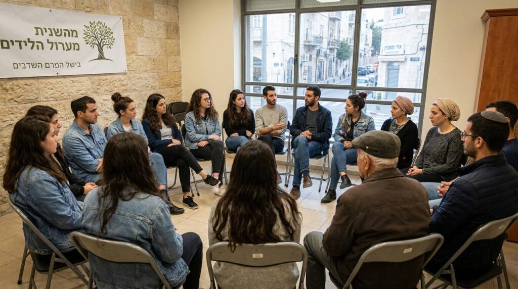 Diverse Israelis in a group discussion in a Jerusalem center.