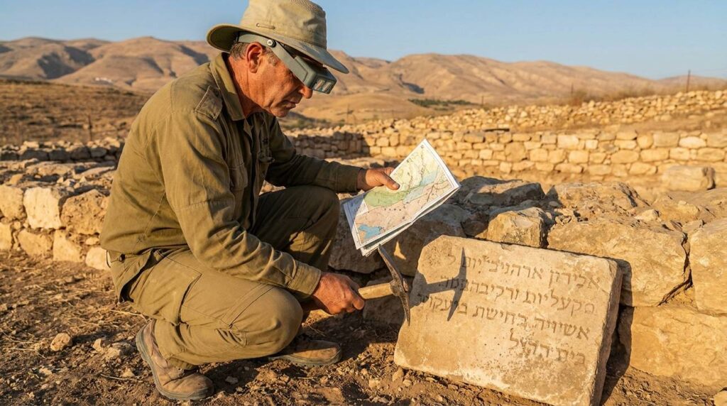 Middle-aged Israeli archaeologist examining inscriptions on stone ruins at Zaretan.