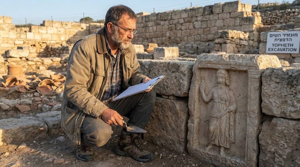 Middle-aged Israeli historian examining ancient ruins in soft morning light.