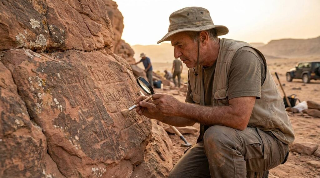 Israeli archaeologist examines ancient inscriptions at Timnah in late afternoon light.