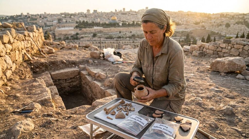 Archaeologist examines burial artifacts at Jerusalem dig site in afternoon light.