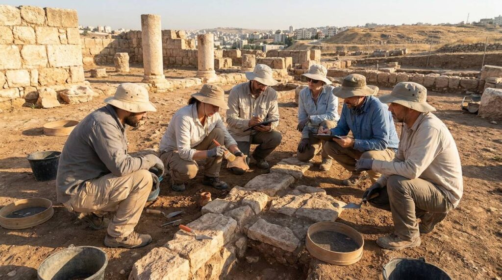 Archaeologists uncovering artifacts at Rabbah excavation site in morning light.