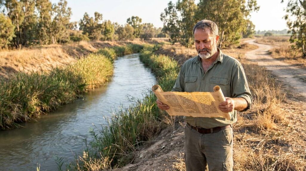 Israeli historian reads ancient scroll by Kebar River in morning light.