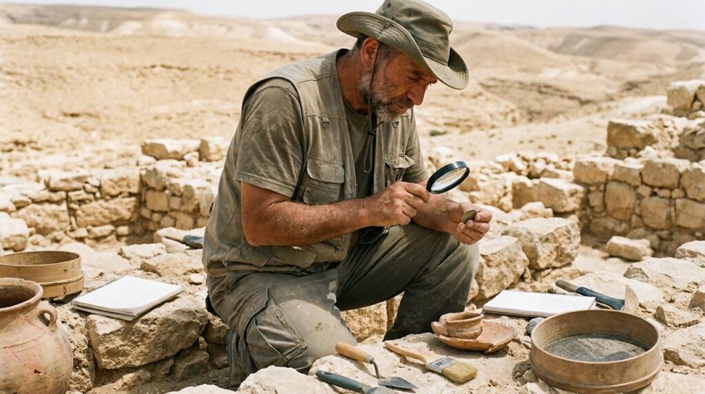 Israeli archaeologist examines artifacts at Maon among ruins and tools.