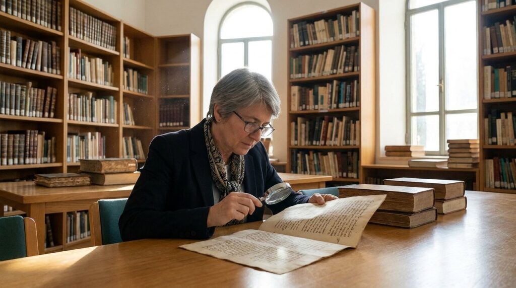Israeli scholar examines ancient manuscripts in a sunlit library.
