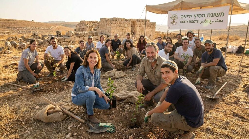 Diverse group planting trees at a historical site in Israel.