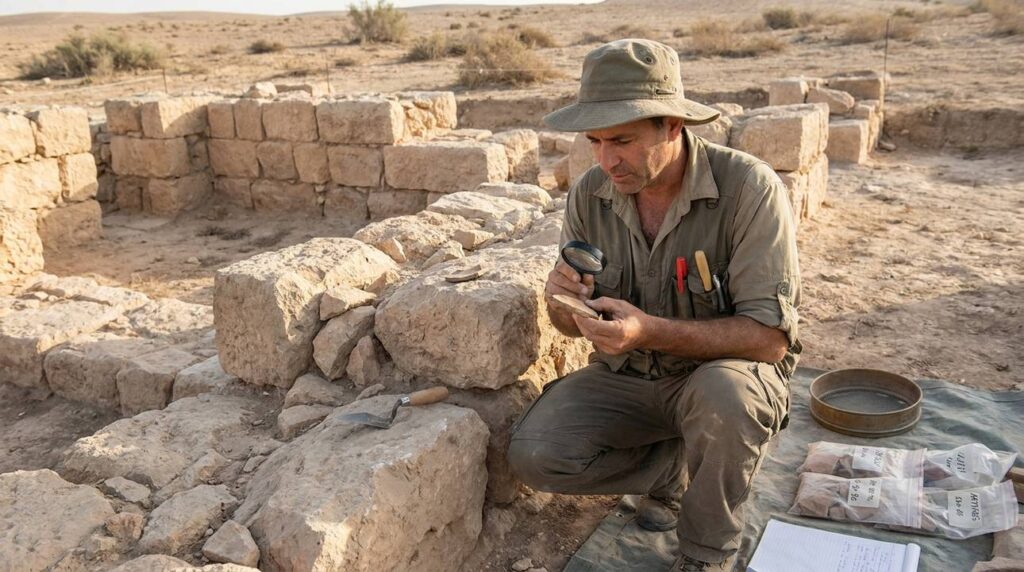 Israeli archaeologist examines ancient ruins in Aroer desert with tools.