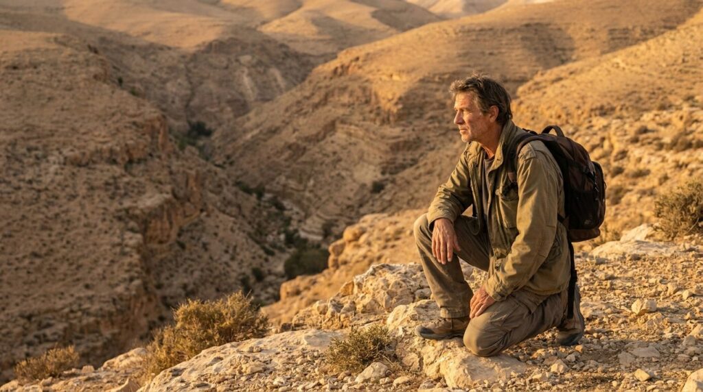 Researcher exploring Wadi Cherith's rugged terrain in late afternoon light.