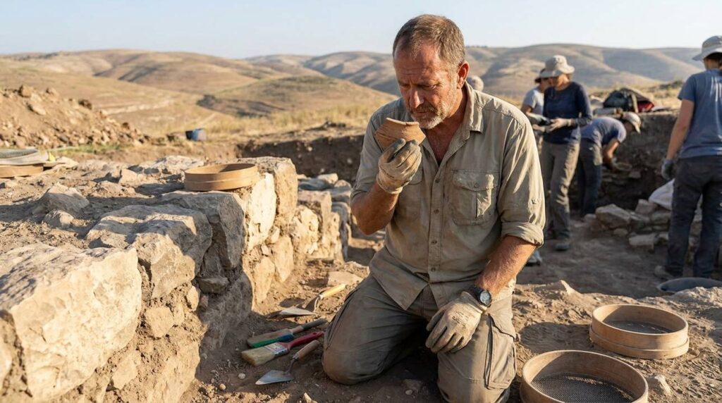 Israeli archaeologist examines pottery at Gilead dig site in morning light.