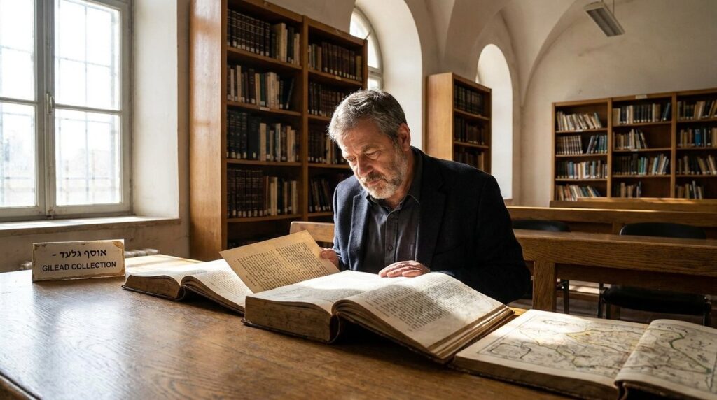 Israeli man in professional attire reads historical texts in a library.