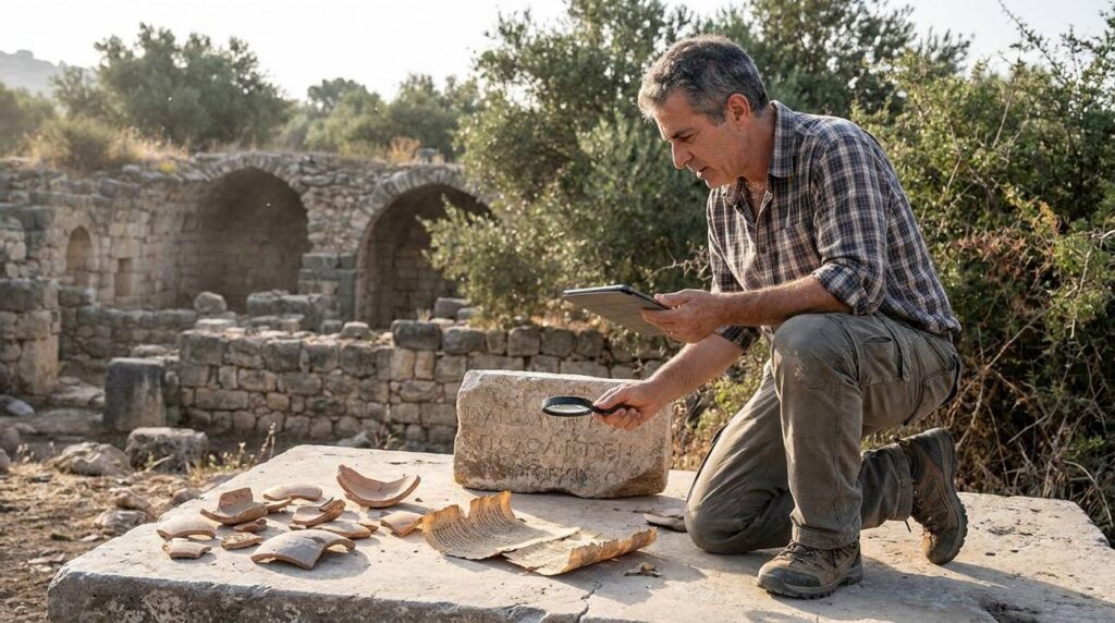 Israeli historian examines artifacts at Tishbe ruins in morning light.