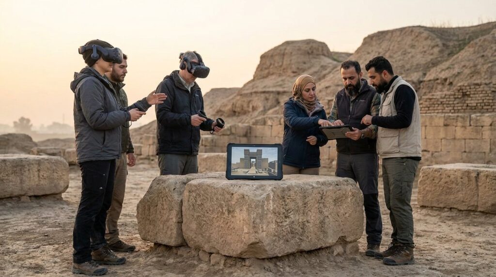Diverse researchers using VR equipment at Nineveh ruins with tablets.