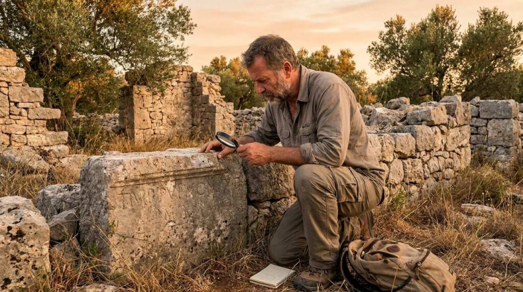 Israeli historian reads ancient inscription in Ramah ruins at sunset.