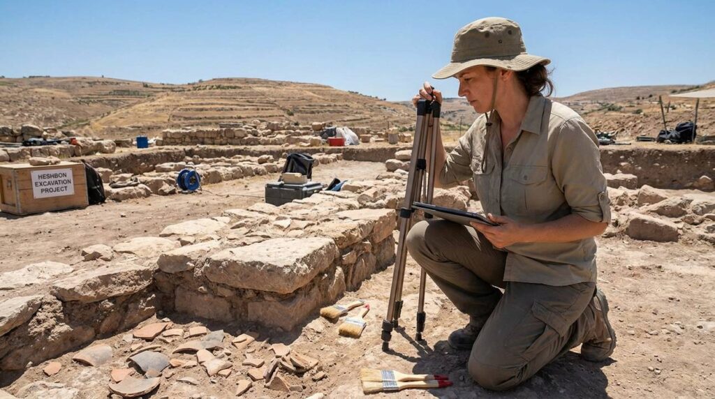 Archaeologist surveying Heshbon ruins with tools and hills in background.