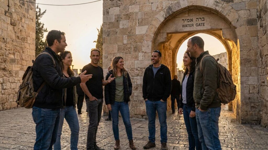 Diverse group discussing history at Jerusalem's Water Gate at sunset.