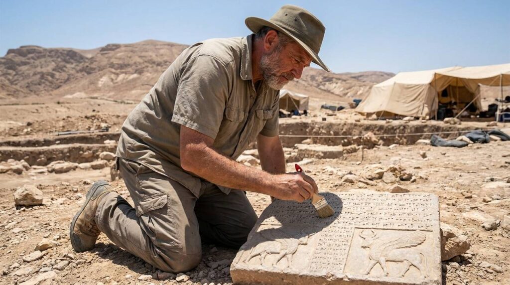 Israeli archeologist brushes Assyrian relief at desert excavation site.