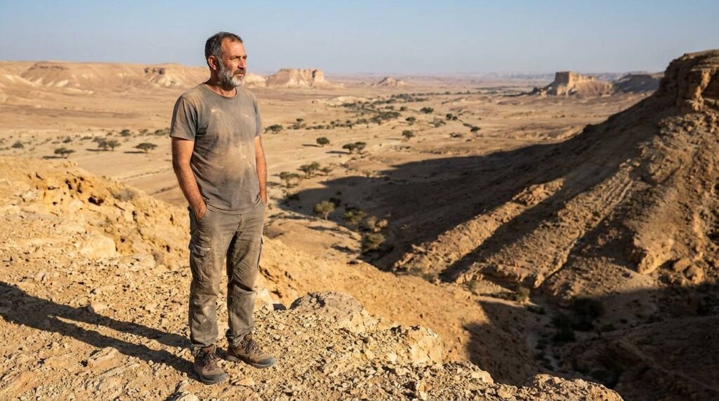 Middle-aged Israeli man standing thoughtfully in Negev desert landscape.