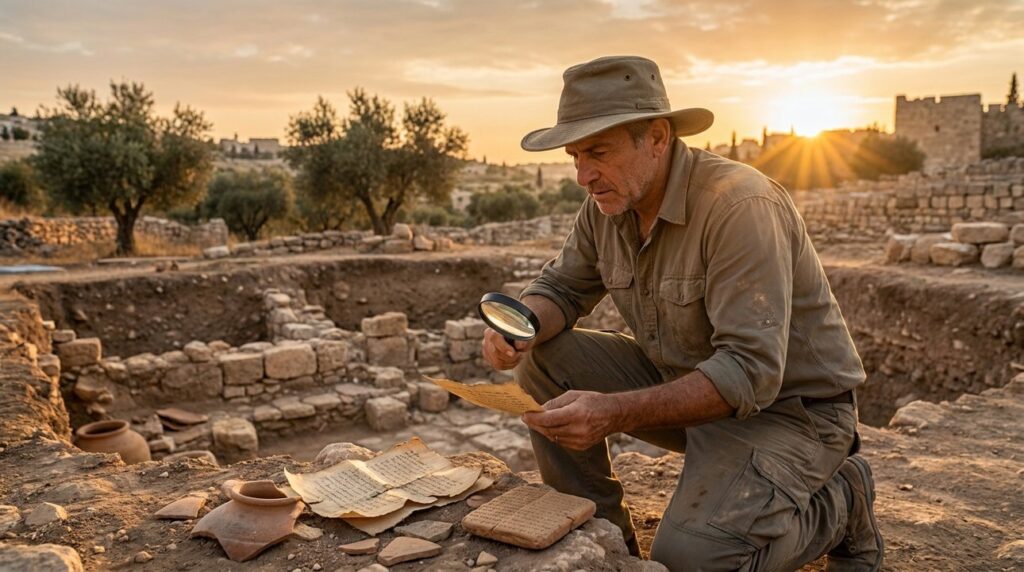 Israeli archaeologist examines ancient texts at Kidron Valley excavation site.